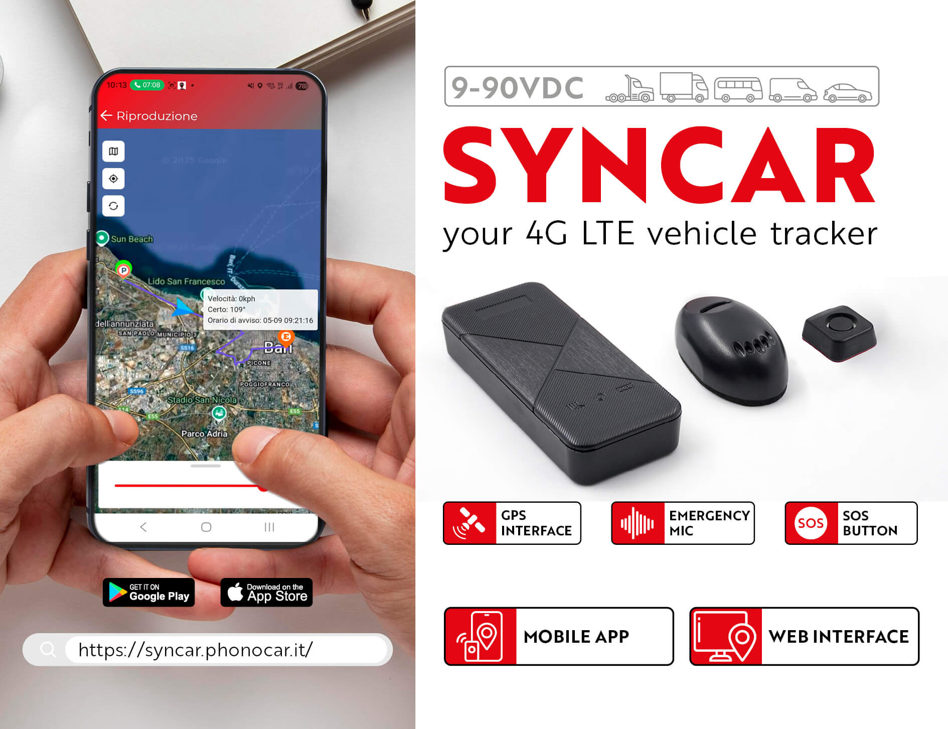 SYNCAR - your 4G LTE vehicle tracker sistema GPS avanzato per il monitoraggio remoto, in tempo reale, di un veicolo (o di flotte)