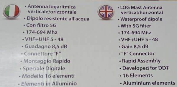 Antenna logaritmica iii-iv-v banda attacco f dipoli chiusi verticale/orizzontale - 16 elementi - 8,5db - con filtro 5g - immagine 2