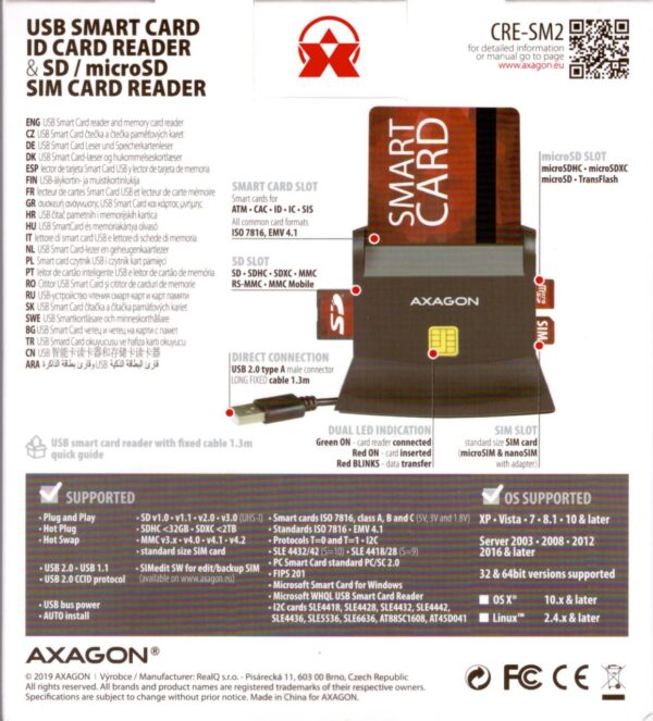 Lettore di Smart Card USB e lettore di schede di memoria Axagon CRE-SM2