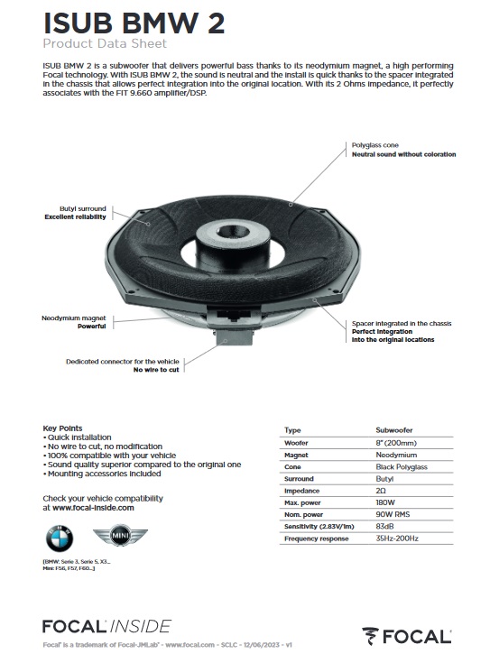 Focal ISUBBMW2 Inside 10 ", 20cm Subwoofer Compatibile con BMW 2 Ohm Adatto per BMW e Mini - immagine 3