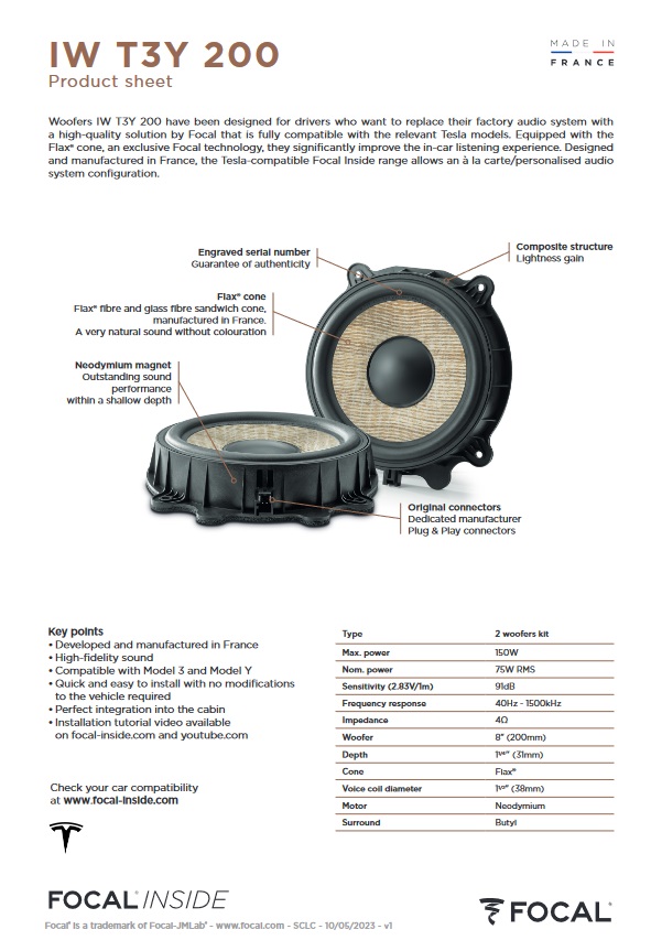 Kit Altoparlanti Focal IS T3Y 100 – 2 Vie Per Tesla Model 3 E Model Y - 3