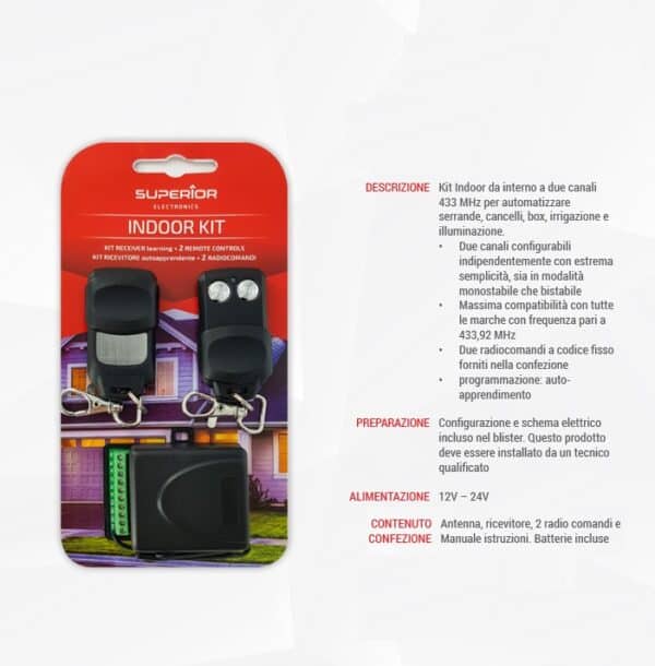 Kit Indoor da interno a due canali 433 MHz per automatizzare serrande, cancelli, box, irrigazione e illuminazione