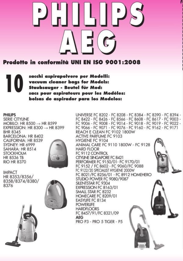 10 SACCHI PHILIPS COMPATIBILE CON TUTTI I MODELLI INDICATI NELLA FOTO