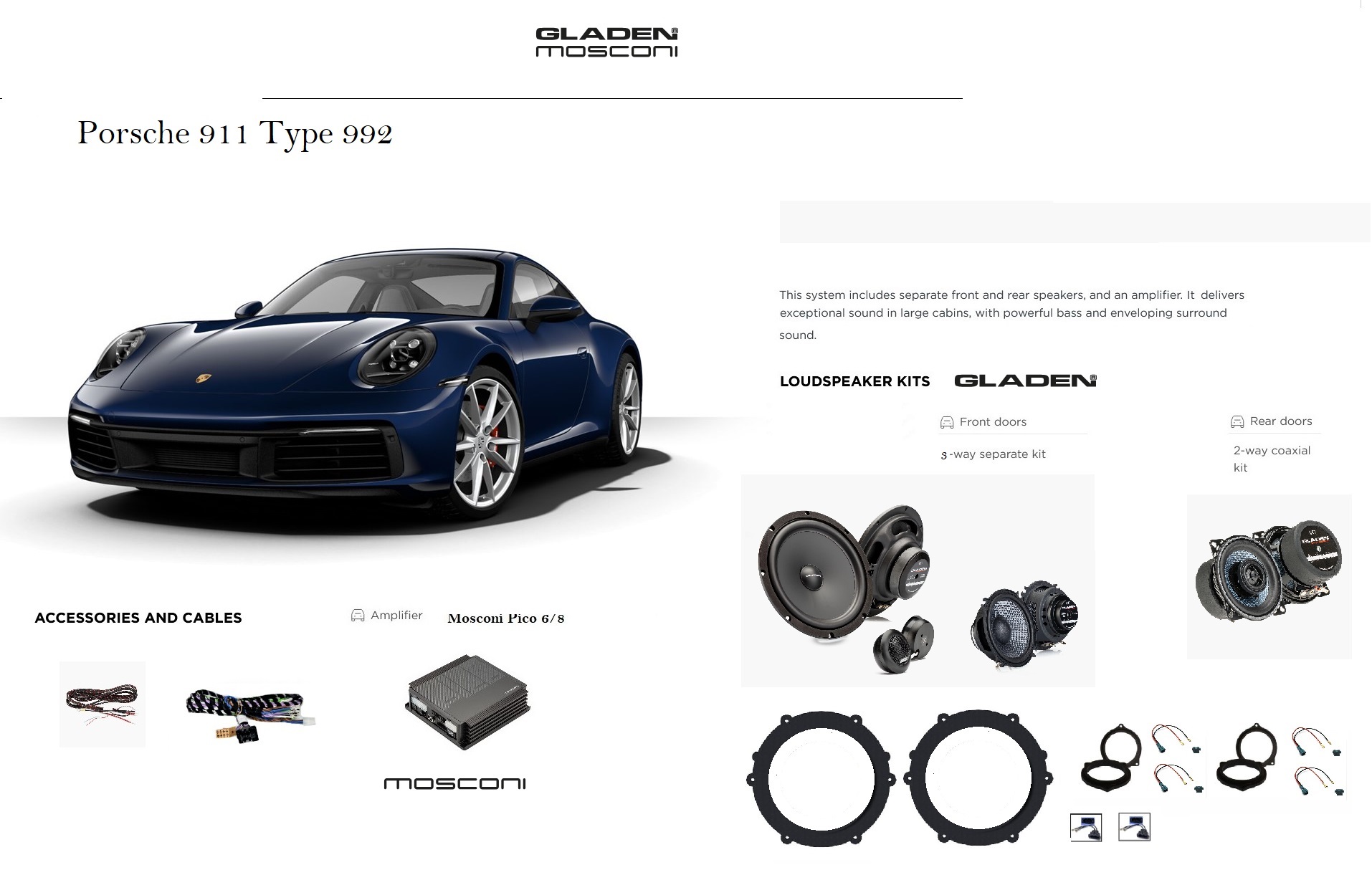 Gladen Mosconi kit Audio per Porsche 911 Type 992 Coupè serie dal 2018 al 2025