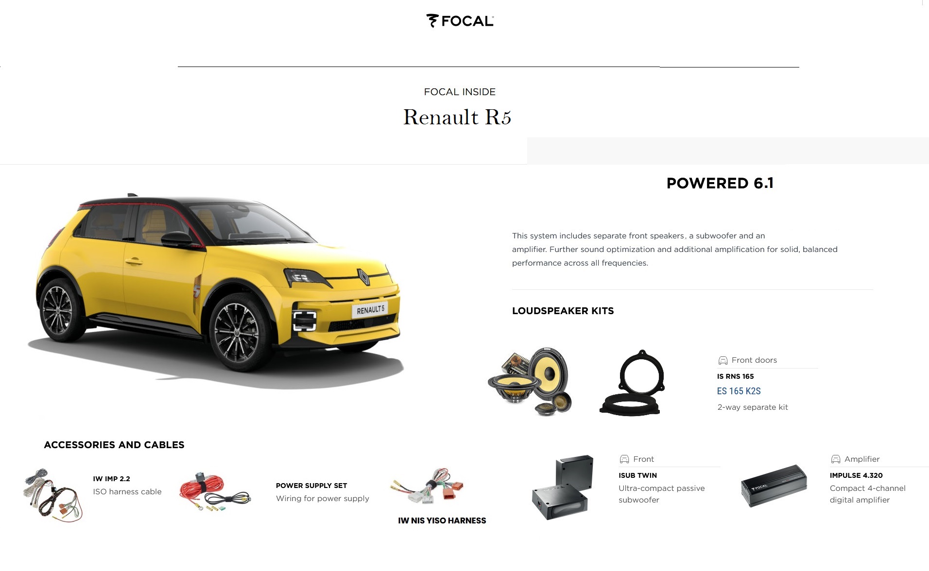 Kit sound upgrade Focal K2 amplificatore + Subwoofer per Renault R5 elettrica serie dal 2025