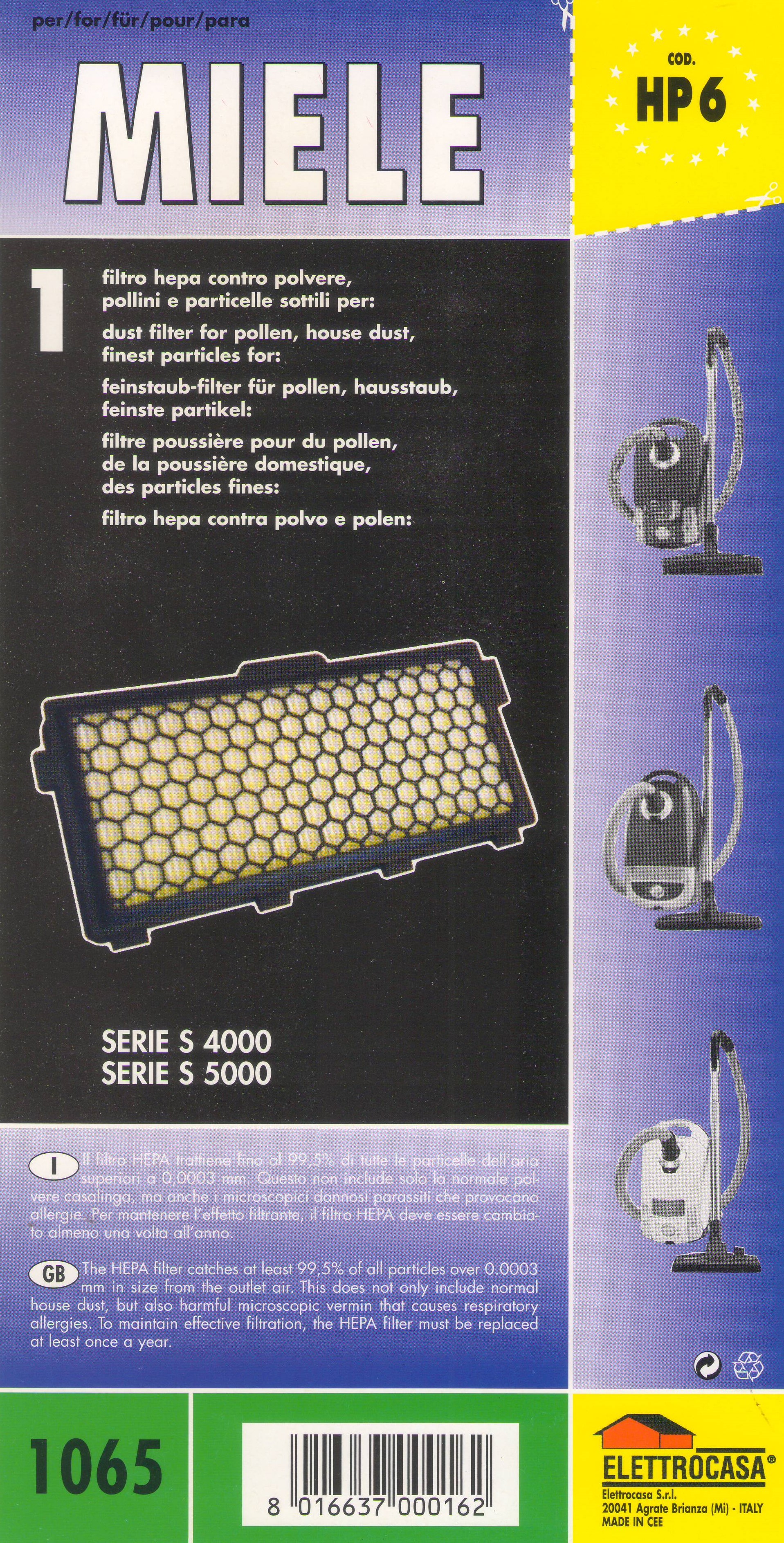 HP6 N°1 MICROFILTRO HEPA MIELE SERIE S 4000 S 5000 MICRO FILTRO