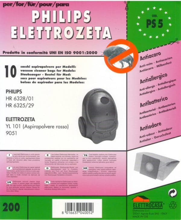 PS 5 confezione 10 pz sacchetti ricambio per elettrozeta yl 101 (aspirapolvere rosso ) - 9051