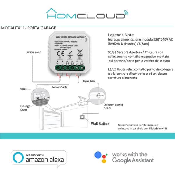 Modulo Cancelli/Garage ed Elettroserrature Wi-Fi 1CH incasso, comandabile da Smartphone e Vocalmente - immagine 2