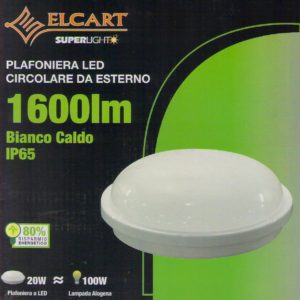 PLAFONIERA LED IP65 D22 CONSUMO 20W = 100 WATT RESA BIANCO CALDO RISPARMIO 80 %