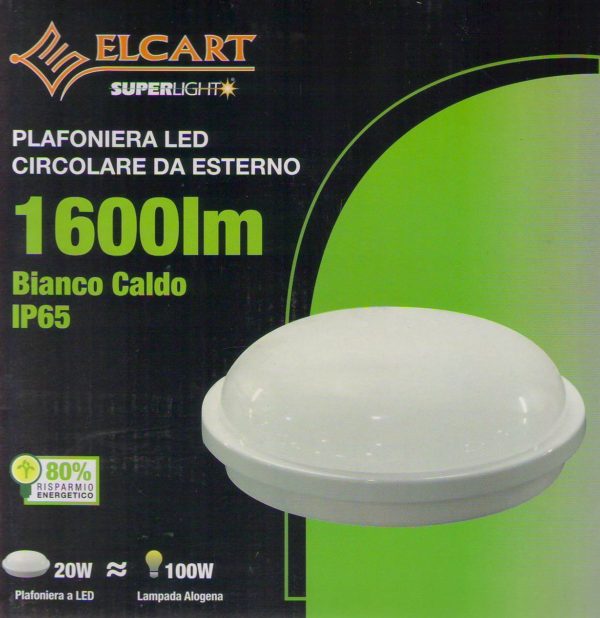 PLAFONIERA LED IP65 D22 CONSUMO 20W = 100 WATT RESA BIANCO CALDO RISPARMIO 80 %