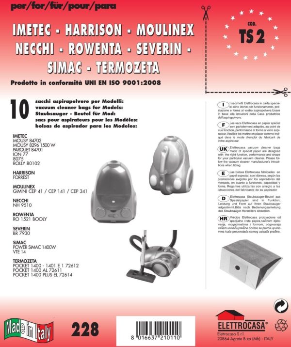 CONFEZ.10 SACCHI MOULINEX COMPATIBILE CON TUTTI I MODELLI INDICATI NELLA FOTO