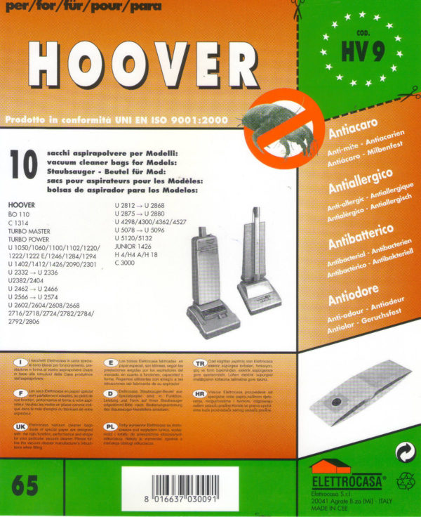 HV9 CONFEZ . 10 SACCHI HOOVER COMPATIBILI CON I MODELLI INDICATI NELLA FOTO