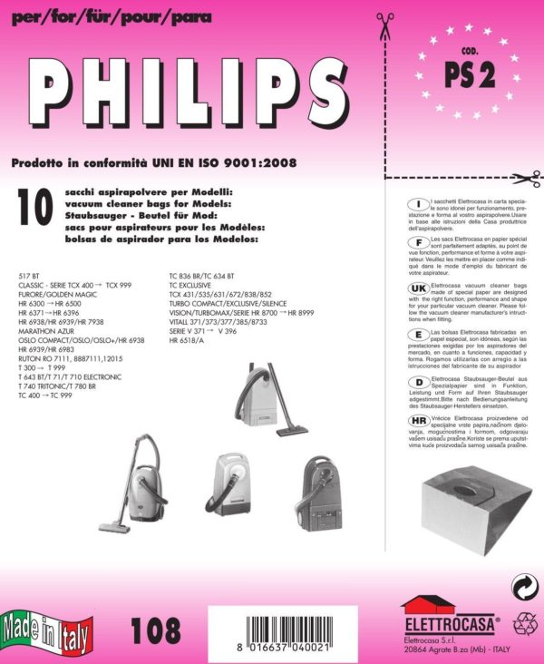 10 SACCHI BUSTE PHILIPS COMPATIBILE CON TUTTI I MODELLI INDICATI NELLA FOTO
