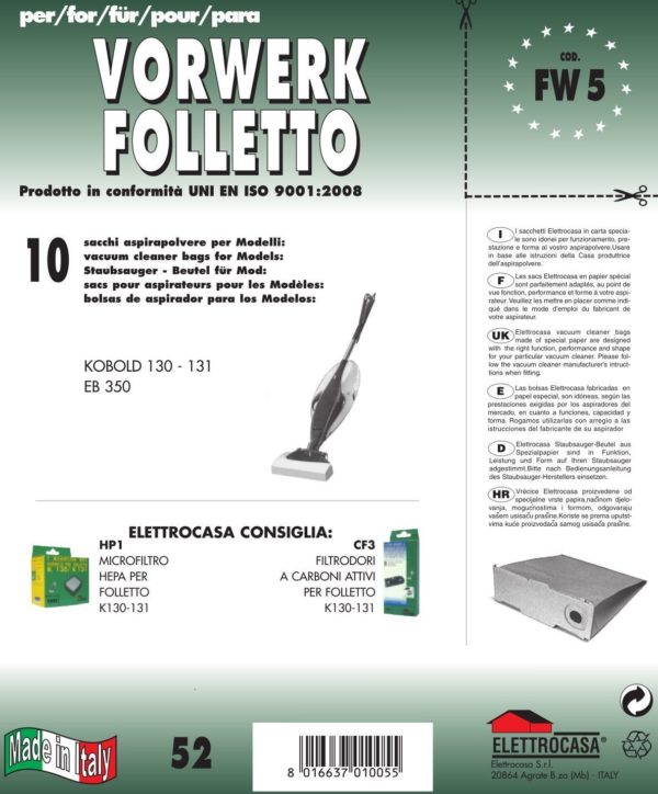 10 SACCHI VORWERK FOLLETTO COMPATIBILE CON TUTTI I MODELLI INDICATI NELLA FOTO