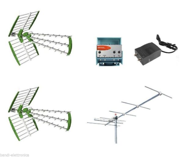 Kit antenna digitale terrestre DVBT HD 2UHF + VHF + centralino + alimentatore
