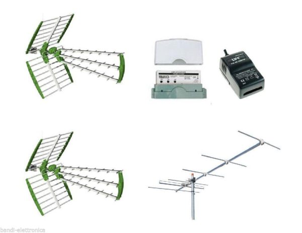 Kit antenna digitale terrestre DVBT HD 2UHF + VHF + centralino + alimentatore