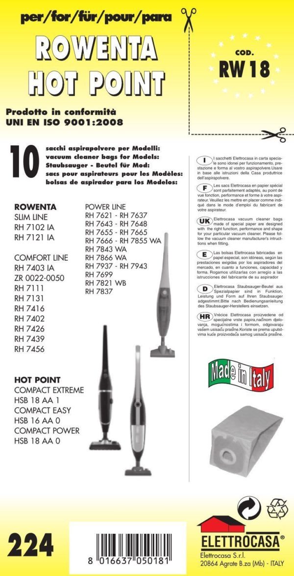 10 PZ SACCHETTI HOT POINT COMPATIBILE CON TUTTI I MODELLI INDICATI NELLA FOTO