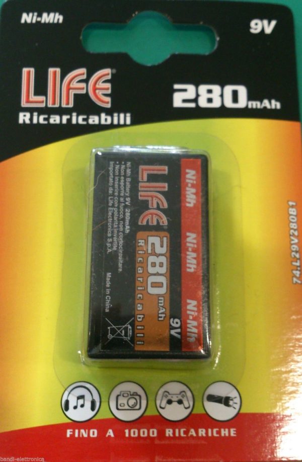 BATTERIA RICARICABILE 9 VOLTS NI-MH 280 MAH BATTERIA RETTANGOLARE TRANSISTOR 9V