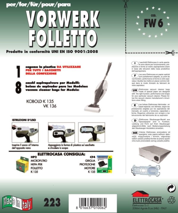 CONF 8PZ SACCHETTO FOLLETTO COMPATIBILE CON TUTTI I MODELLI INDICATI NELLA FOTO