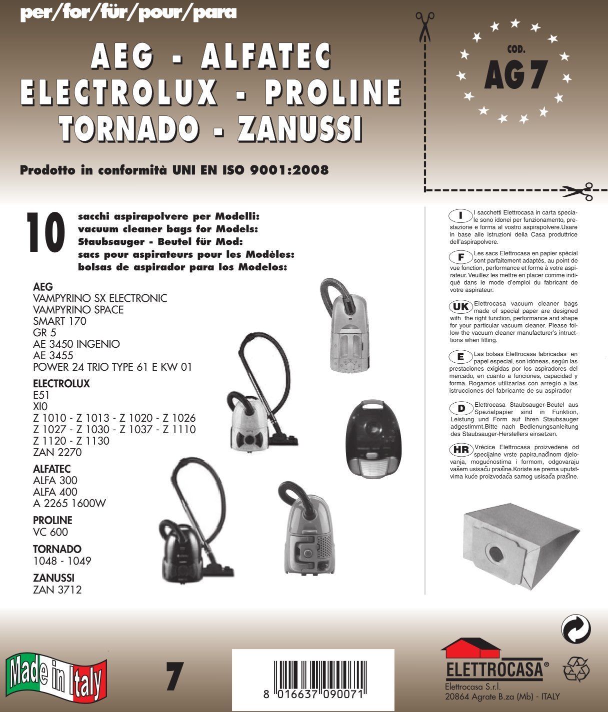 10 SACCHI ELECTROLUX COMPATIBILE CON TUTTI I MODELLI INDICATI NELLA FOTO -  Bandi Srl