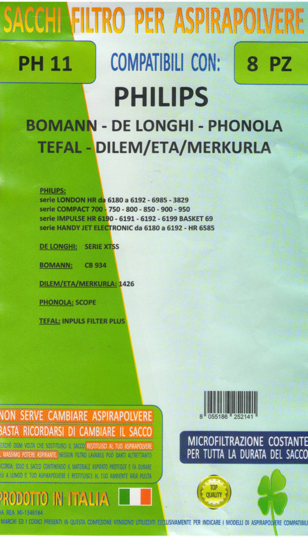 MFPH11 - 8 SACCHI DE LONGHI COMPATIBILE CON TUTTI I MODELLI INDICATI NELLA FOTO
